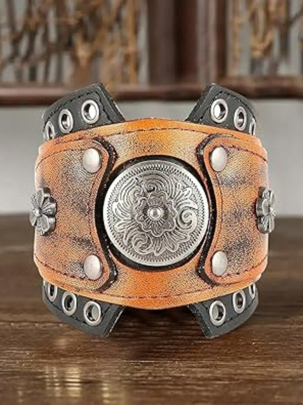 Renaissance Leather Bracelet for Men‎ Adjustable Cuff Bracelet Punk Western Wide